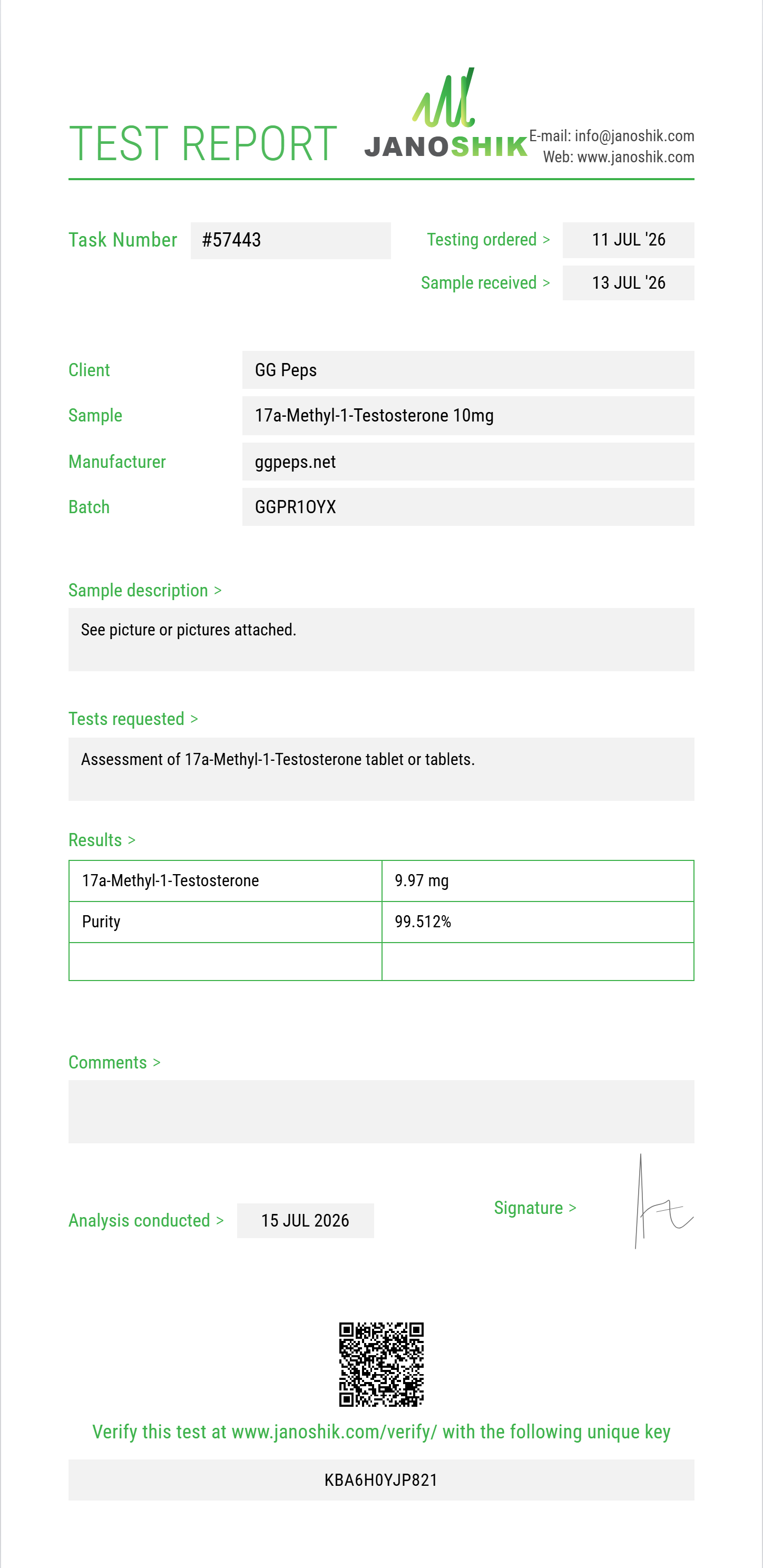 17a-Methyl-1-Testosterone Purity (HPLC) report by Janoshik Analytical