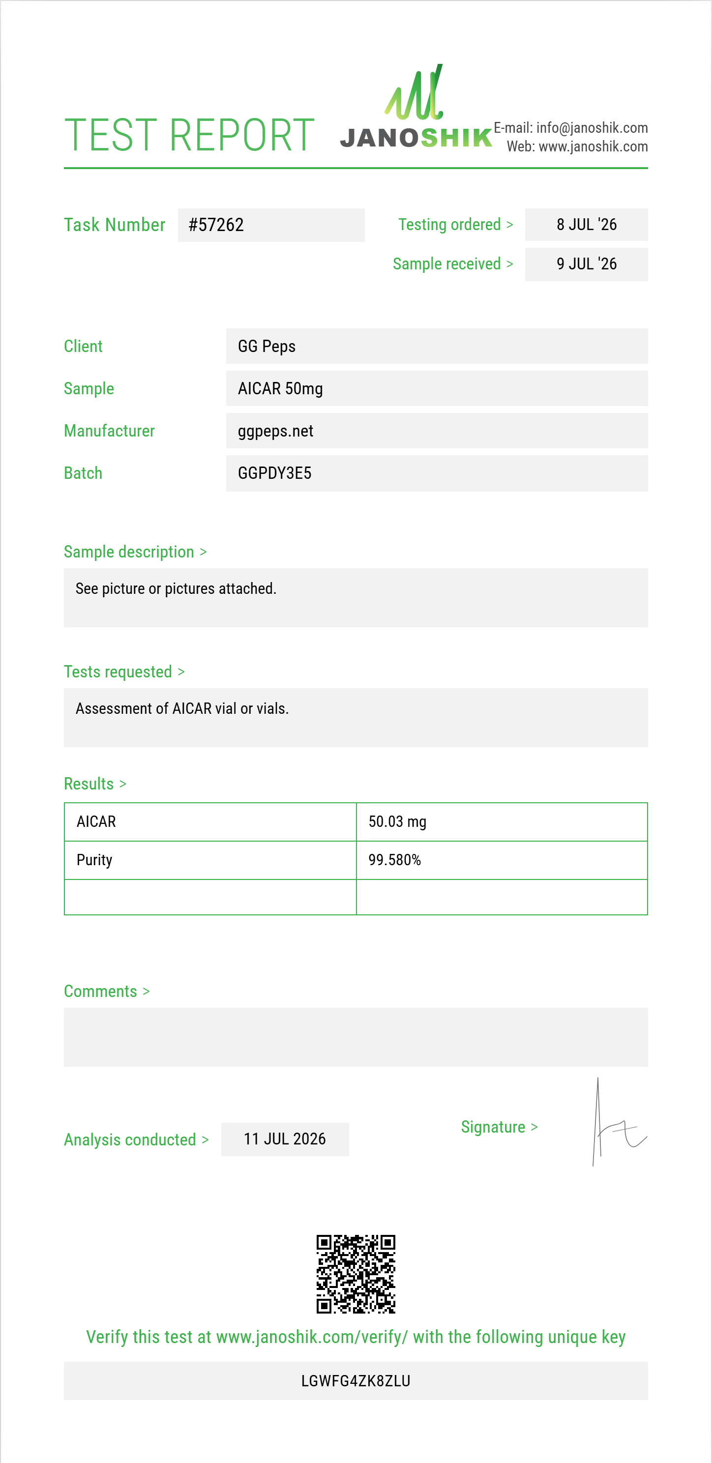 AICAR Purity (HPLC) report by Janoshik Analytical