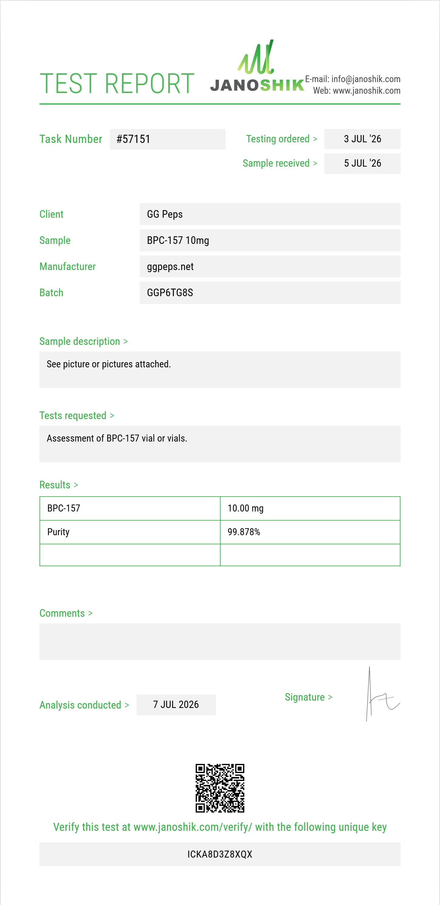BPC-157 Purity (HPLC) report by Janoshik Analytical