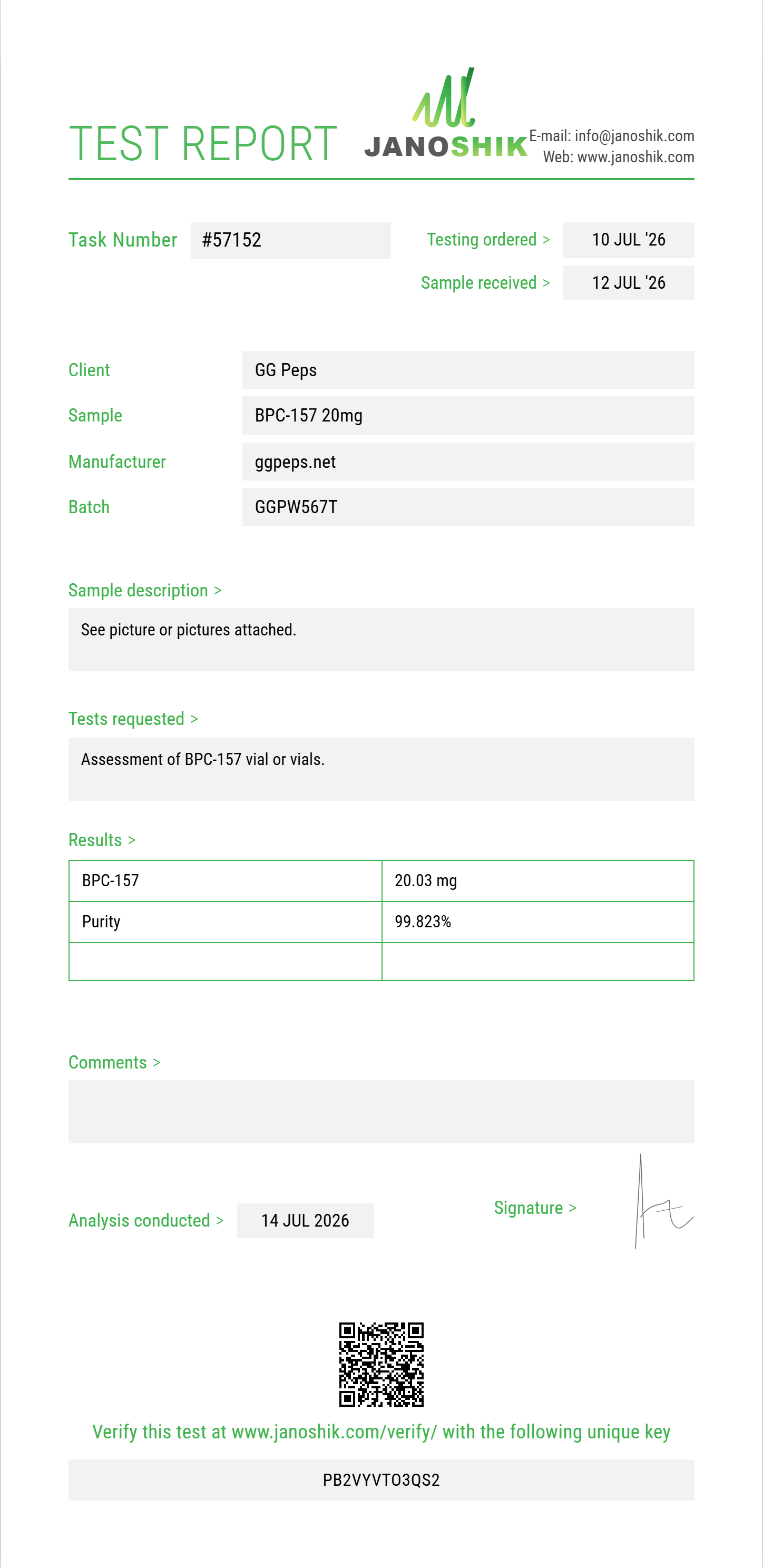 BPC-157 Purity (HPLC) report by Janoshik Analytical