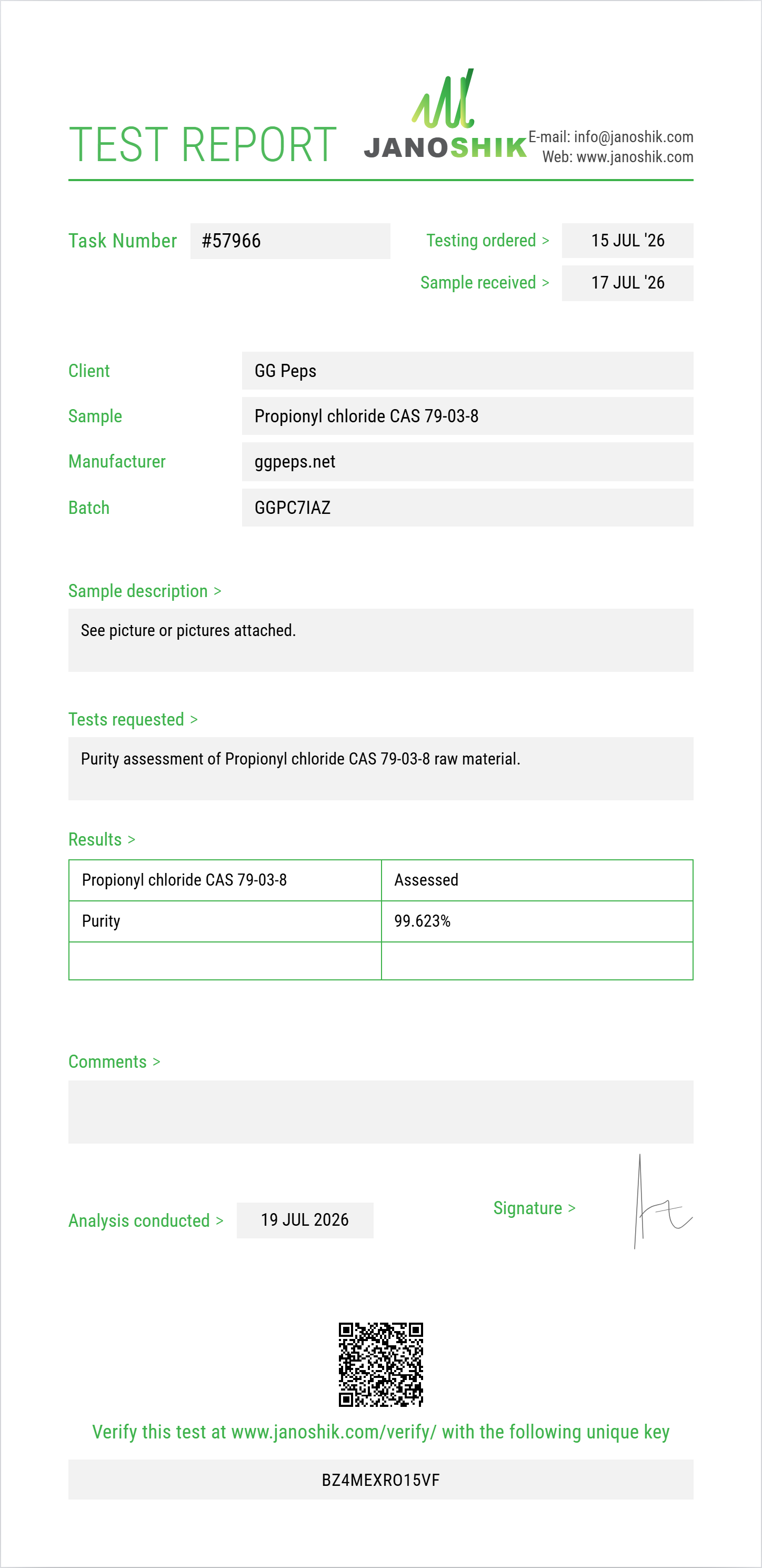 Propionyl chloride CAS 79-03-8 Purity (HPLC) report by Janoshik Analytical
