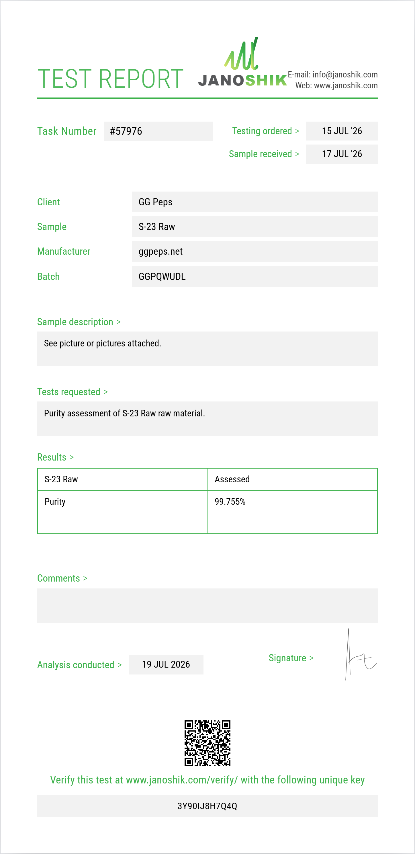S-23 Raw Purity (HPLC) report by Janoshik Analytical