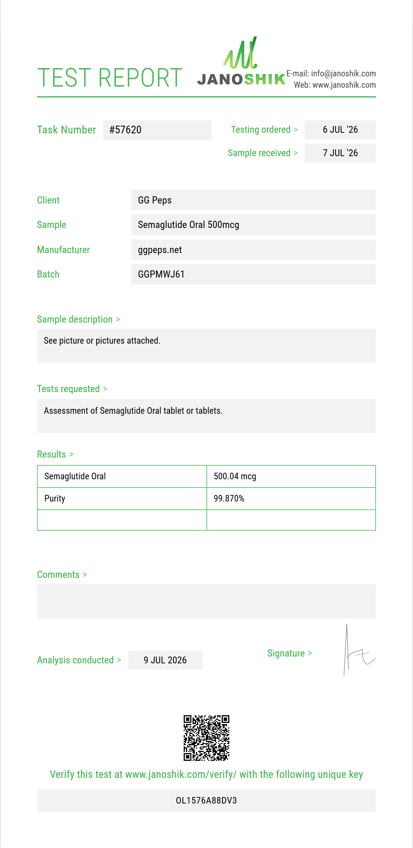Semaglutide Oral Purity (HPLC) report by Janoshik Analytical