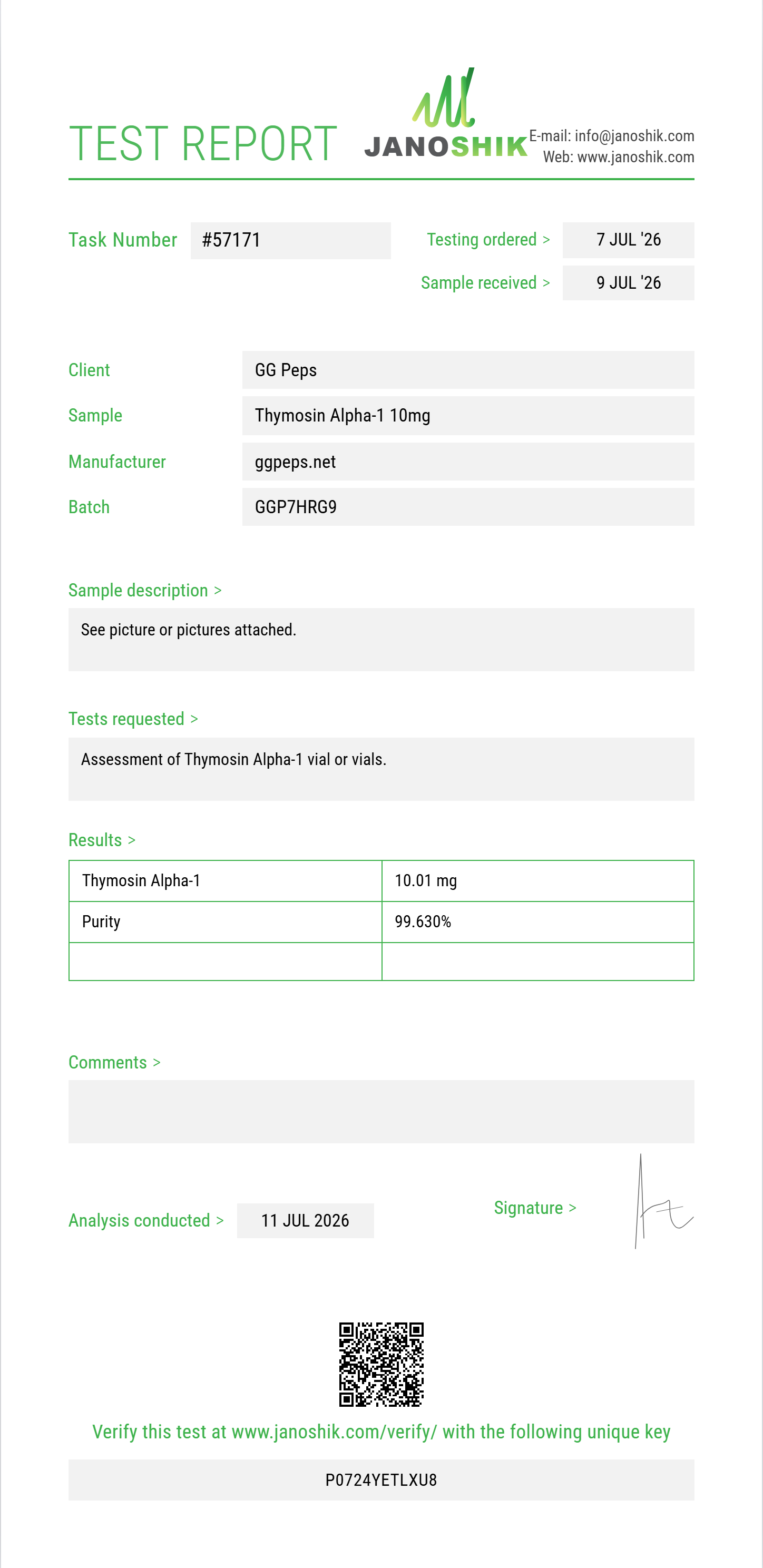 Thymosin Alpha-1 Purity (HPLC) report by Janoshik Analytical