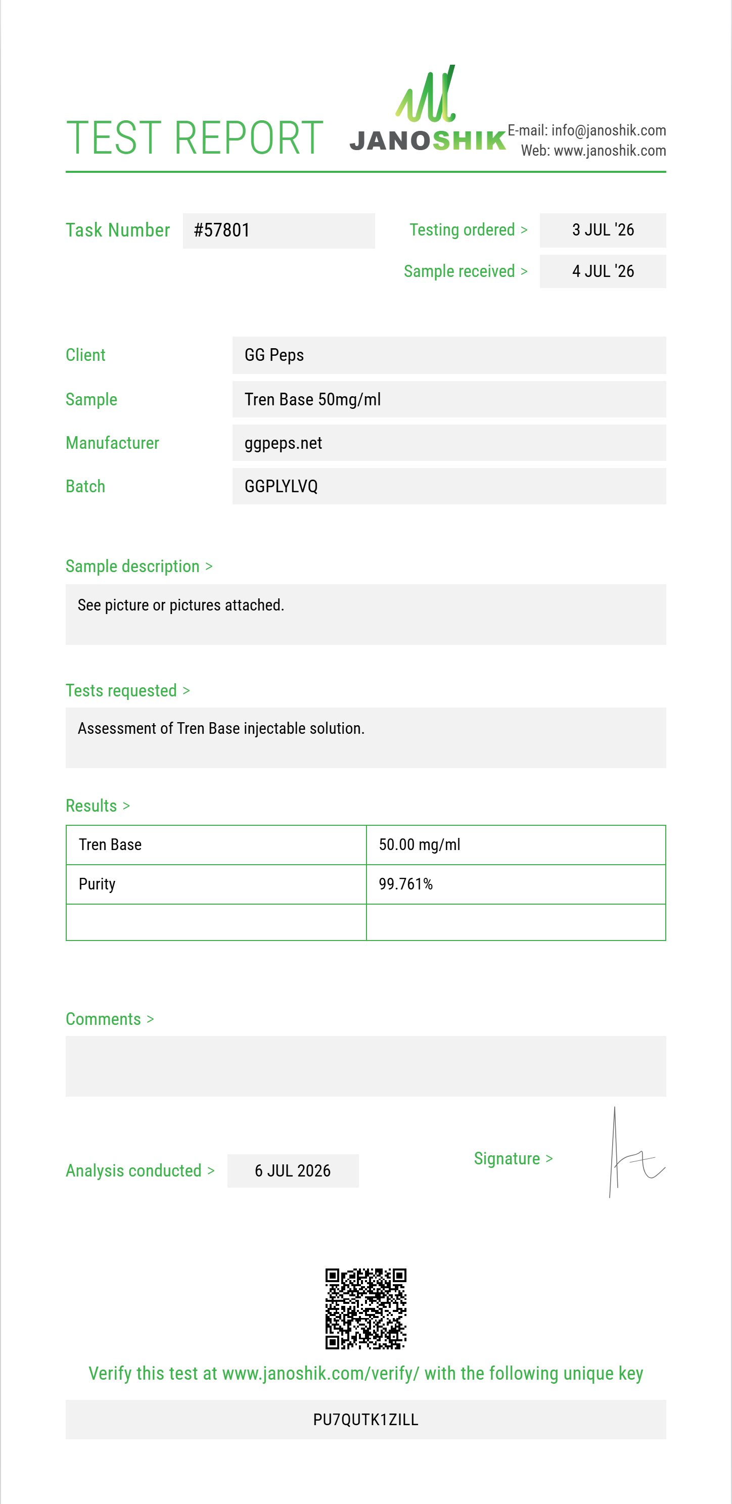 Tren Base Purity (HPLC) report by Janoshik Analytical