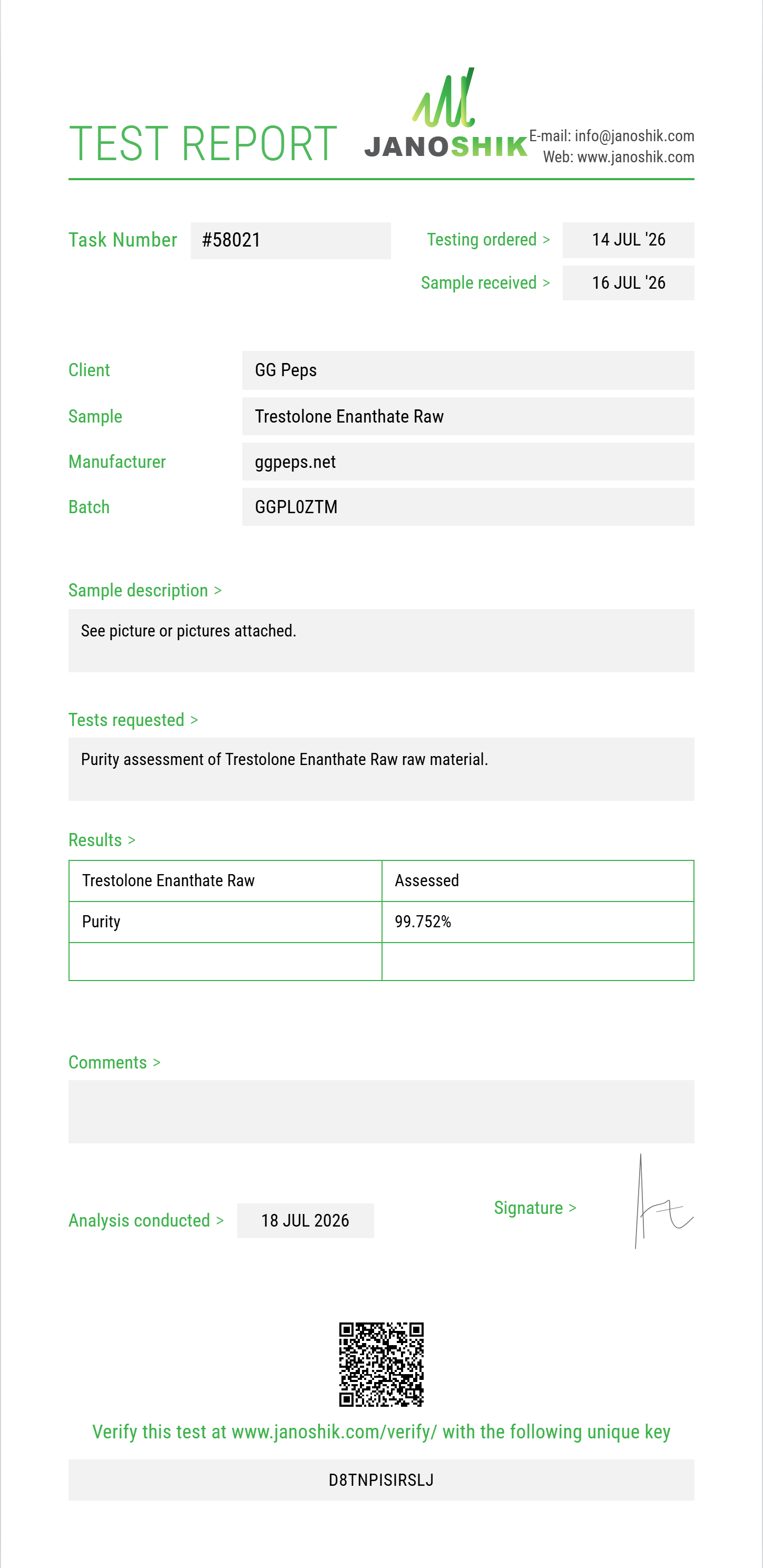 Trestolone Enanthate Raw Purity (HPLC) report by Janoshik Analytical